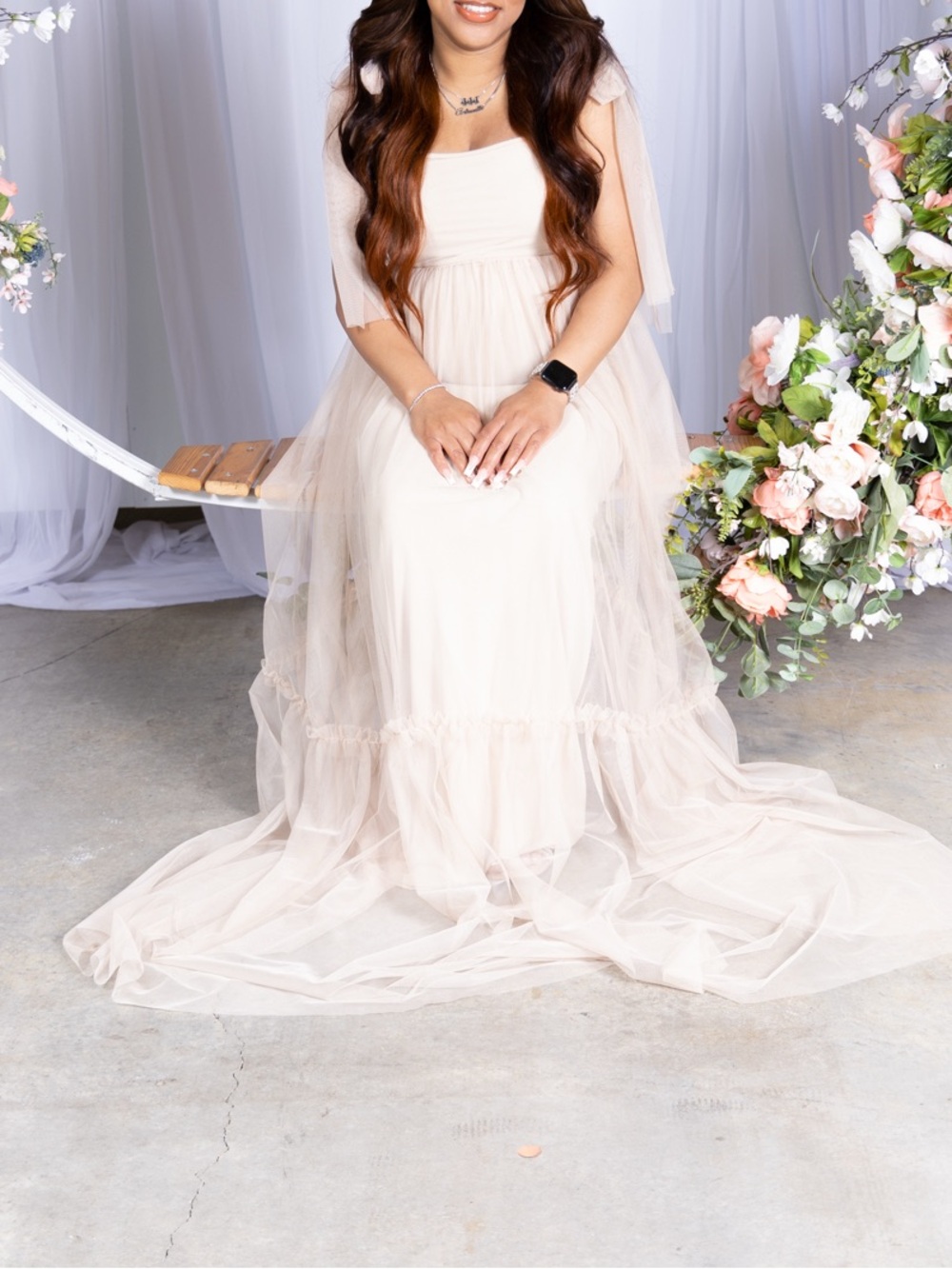 Tulle Maxi Dress with Tie Shoulder Straps - Nude